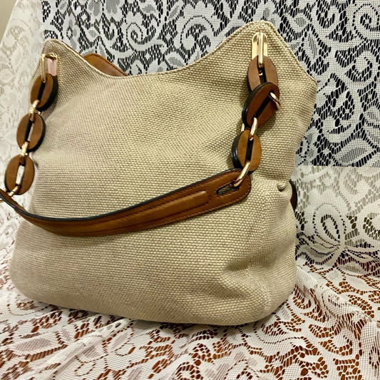 Clark’s Beige Linen-Canvas with Brown Leather Trim and Strap Shoulder Bag