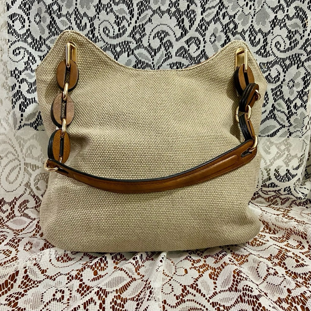 Clark’s Beige Linen-Canvas with Brown Leather Trim and Strap Shoulder Bag