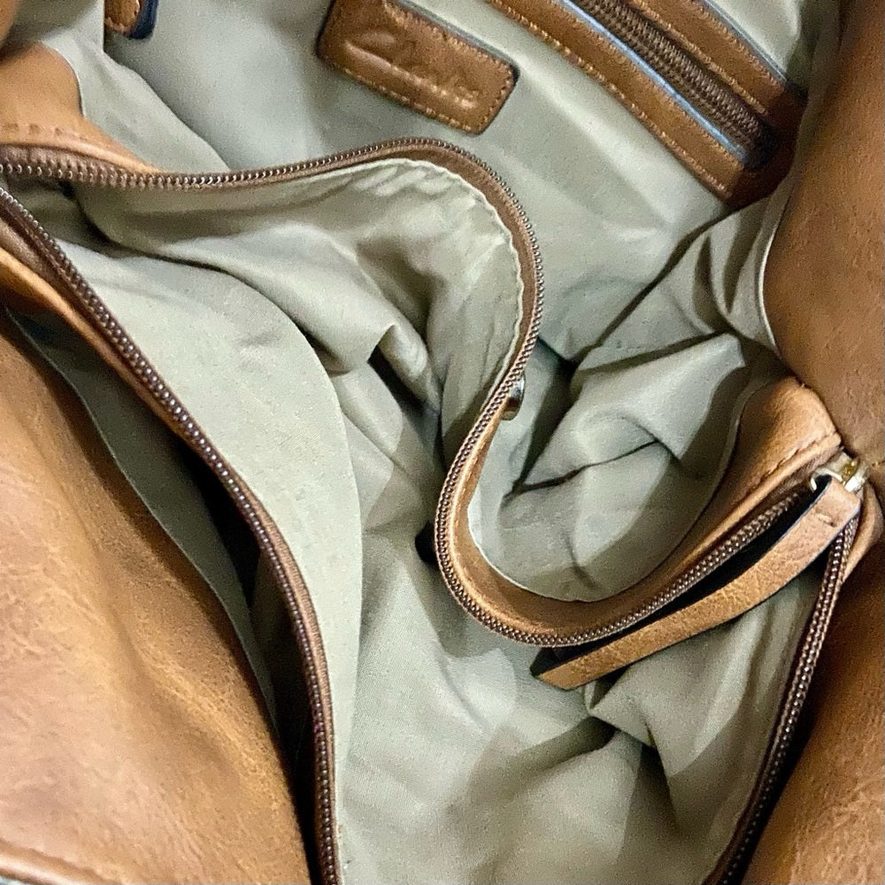Clark’s Beige Linen-Canvas with Brown Leather Trim and Strap Shoulder Bag