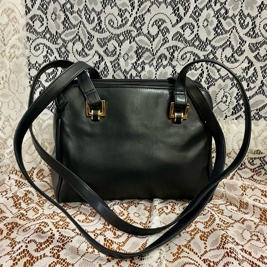Vintage Black Cowhide Leather Shoulder-Crossbody Bag 11in x 9in in x 3in