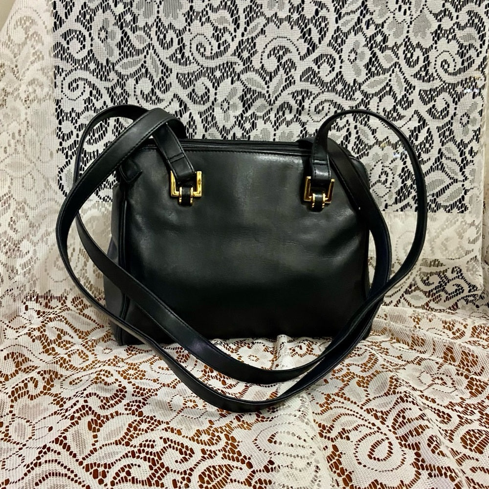 Vintage Black Cowhide Leather Shoulder-Crossbody Bag 11in x 9in in x 3in