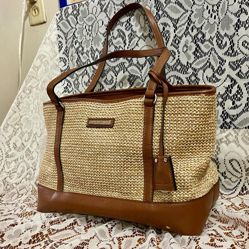 Dana Bachman Beige Straw with Brown Leather Trim and Strap Shoulder Bag