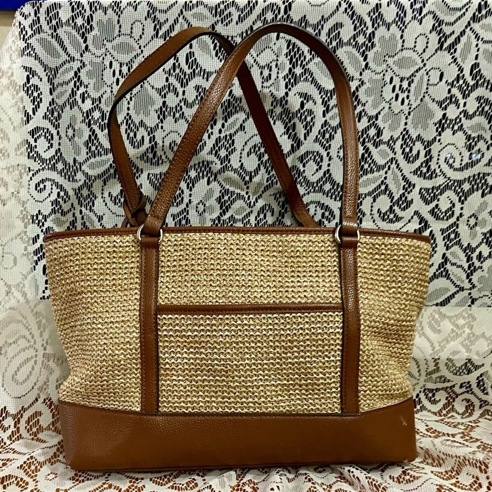 Dana Bachman Beige Straw with Brown Leather Trim and Strap Shoulder Bag