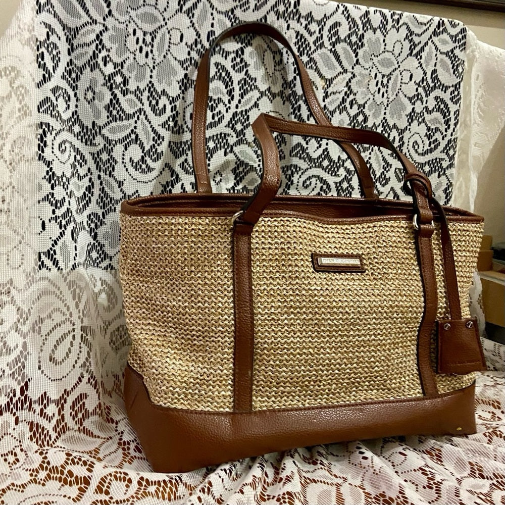 Dana Bachman Beige Straw with Brown Leather Trim and Strap Shoulder Bag