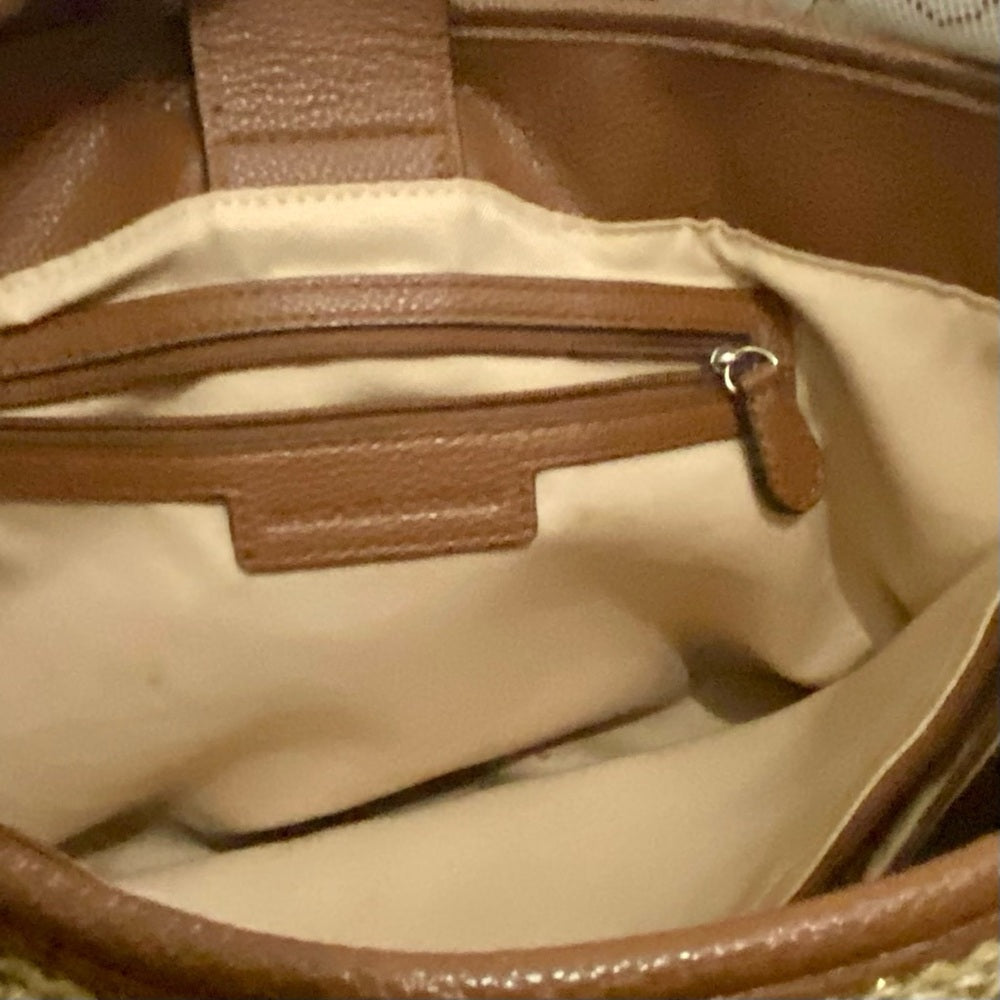 Dana Bachman Beige Straw with Brown Leather Trim and Strap Shoulder Bag