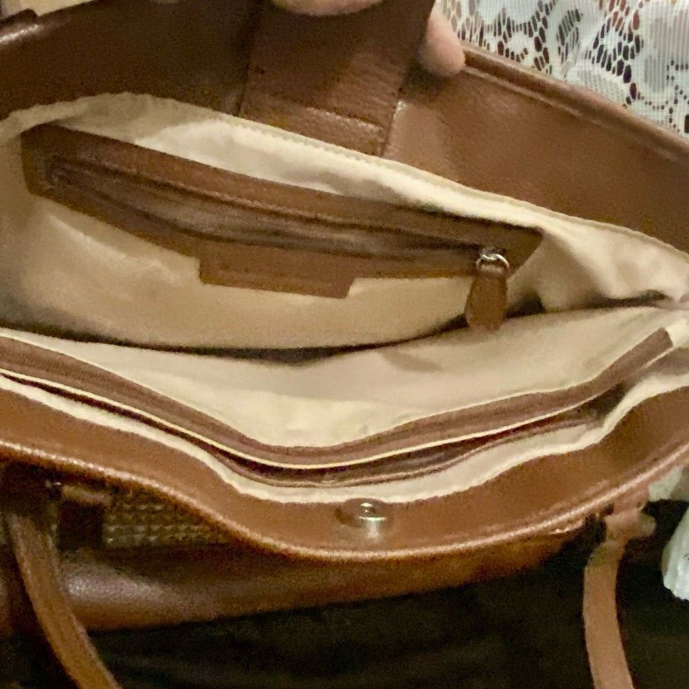 Dana Bachman Beige Straw with Brown Leather Trim and Strap Shoulder Bag