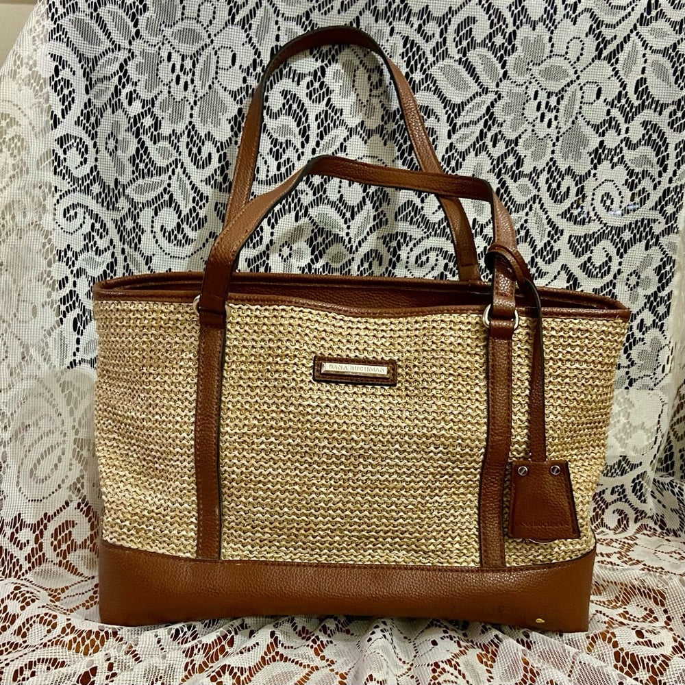 Dana Bachman Beige Straw with Brown Leather Trim and Strap Shoulder Bag