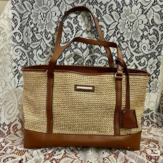 Dana Bachman Beige Straw with Brown Leather Trim and Strap Shoulder Bag