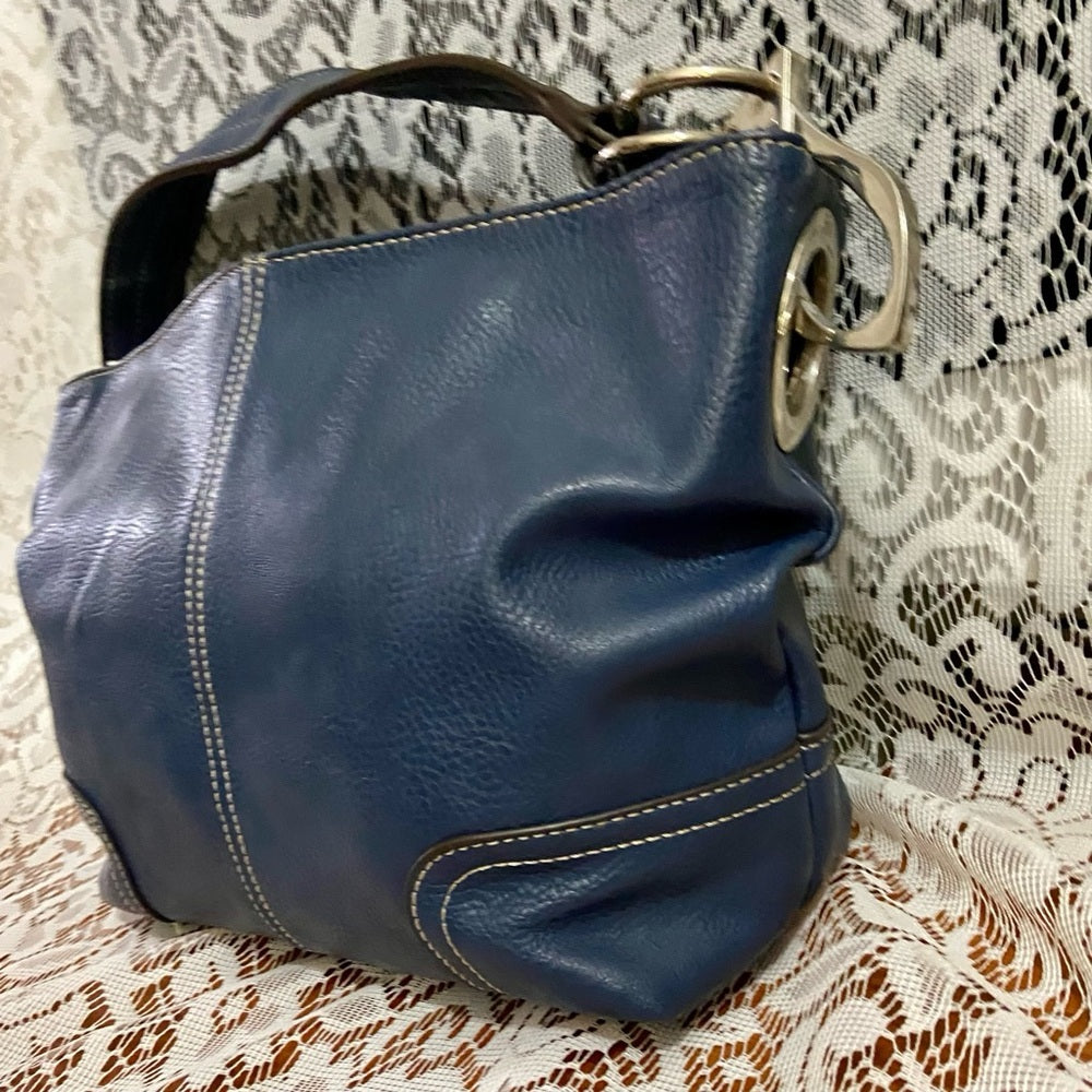 Vintage Navy Blue Genuine Leather Shoulder Bag 19in x 8in x 5 in