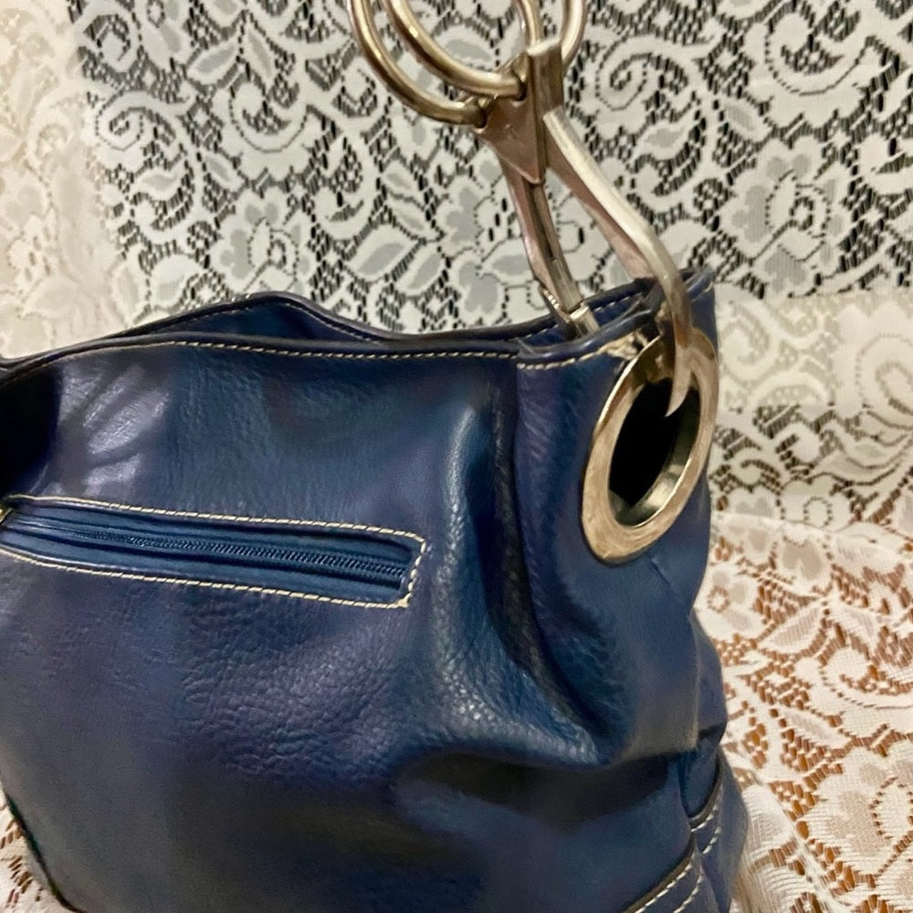 Vintage Navy Blue Genuine Leather Shoulder Bag 19in x 8in x 5 in