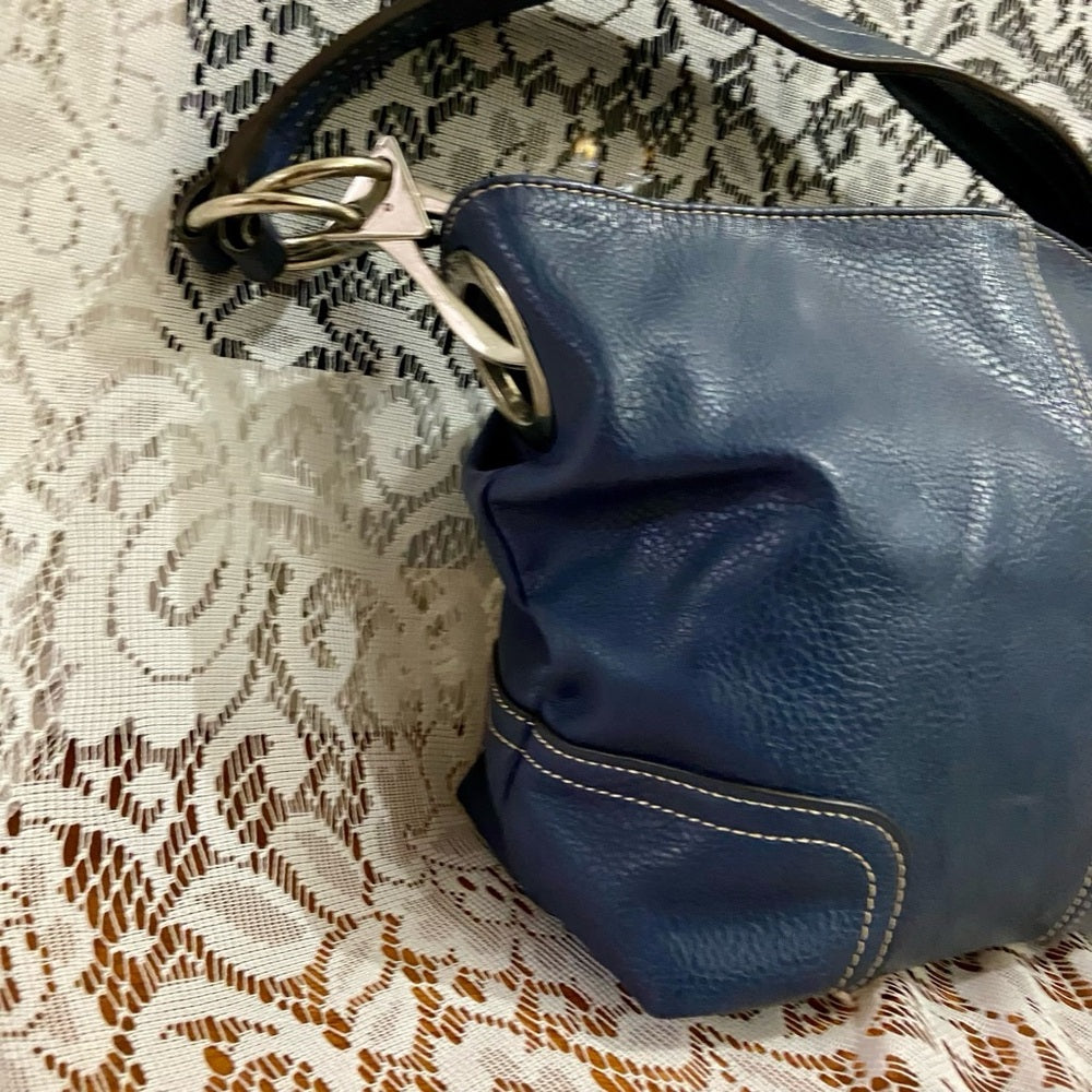 Vintage Navy Blue Genuine Leather Shoulder Bag 19in x 8in x 5 in