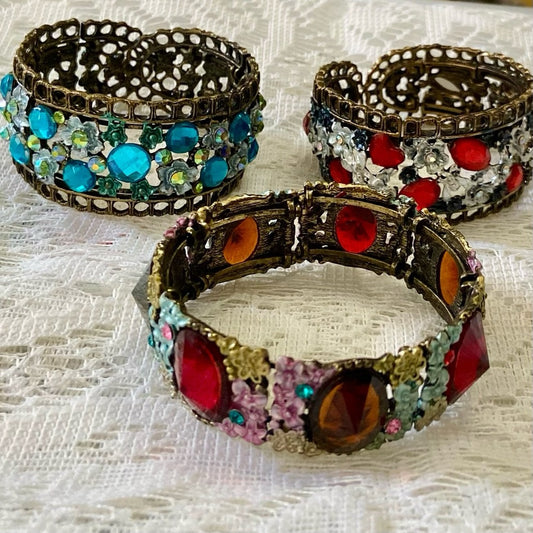 Lot of 3 Vintage Cuff, Floral Enamel Rhinestones Bangles