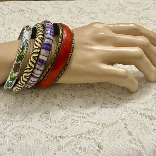 Lot of 4 Vintage, Bangle Bracelets-Coral, Purple Agate, Copper, White Cloisonné