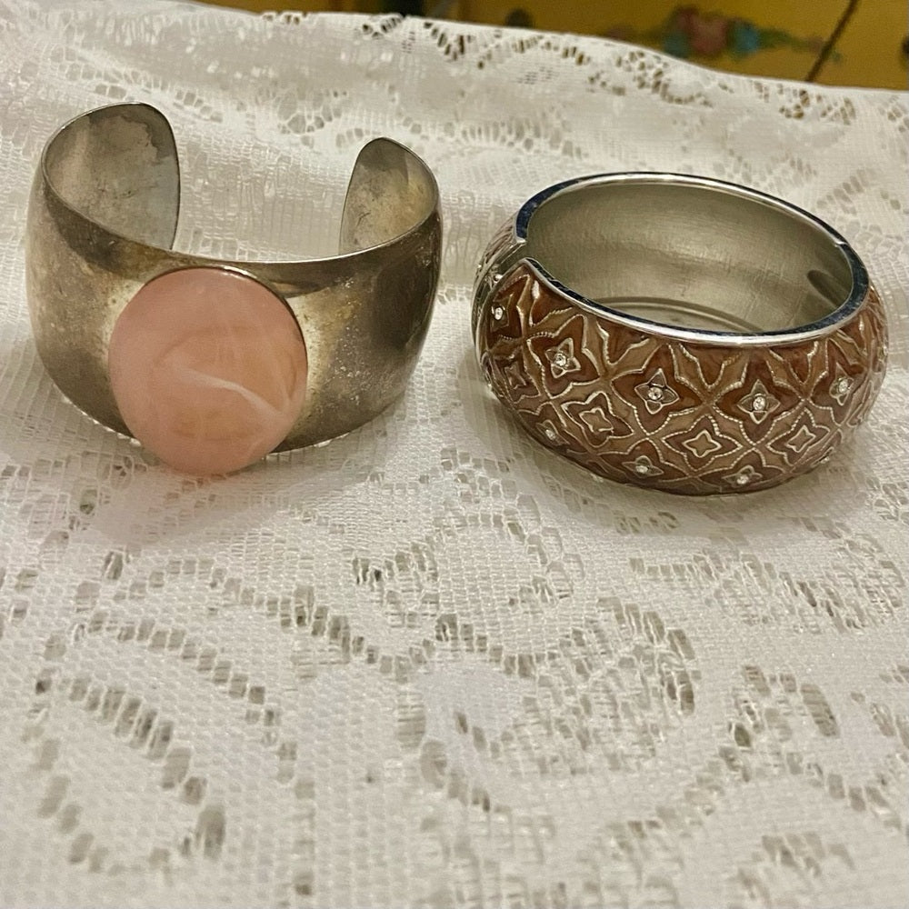 Lot of 2 Vintage, Chunky, Brown Enamel Hinged Bangle; Pink Agate Silver Bangle