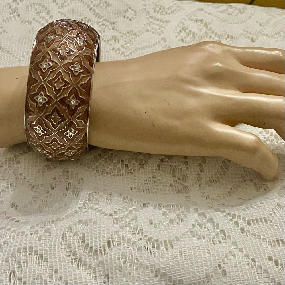 Lot of 2 Vintage, Chunky, Brown Enamel Hinged Bangle; Pink Agate Silver Bangle