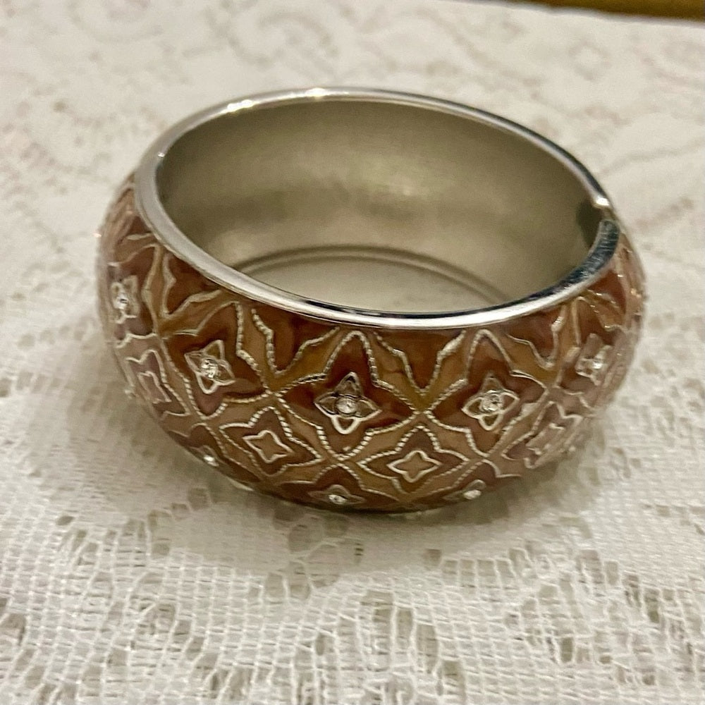 Lot of 2 Vintage, Chunky, Brown Enamel Hinged Bangle; Pink Agate Silver Bangle