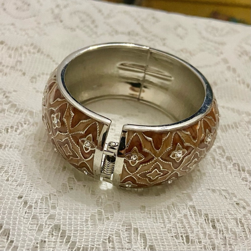 Lot of 2 Vintage, Chunky, Brown Enamel Hinged Bangle; Pink Agate Silver Bangle