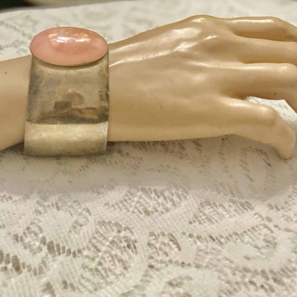 Lot of 2 Vintage, Chunky, Brown Enamel Hinged Bangle; Pink Agate Silver Bangle