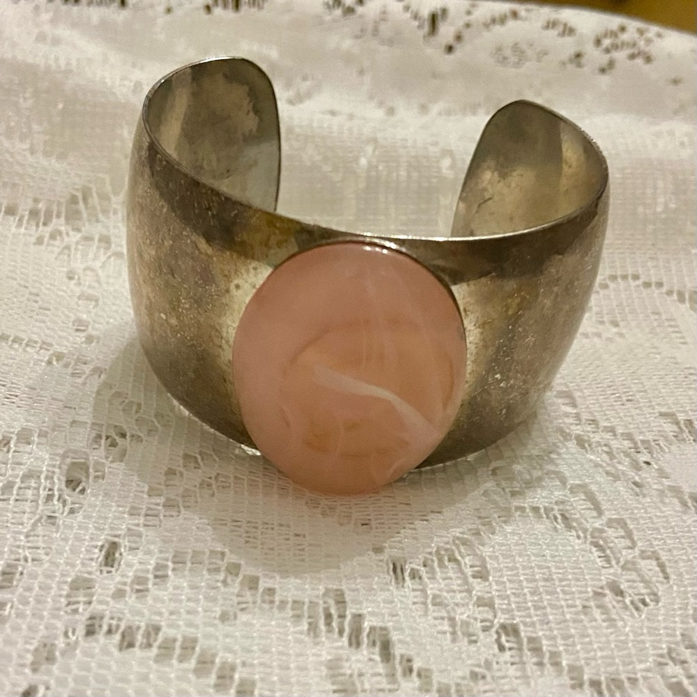 Lot of 2 Vintage, Chunky, Brown Enamel Hinged Bangle; Pink Agate Silver Bangle