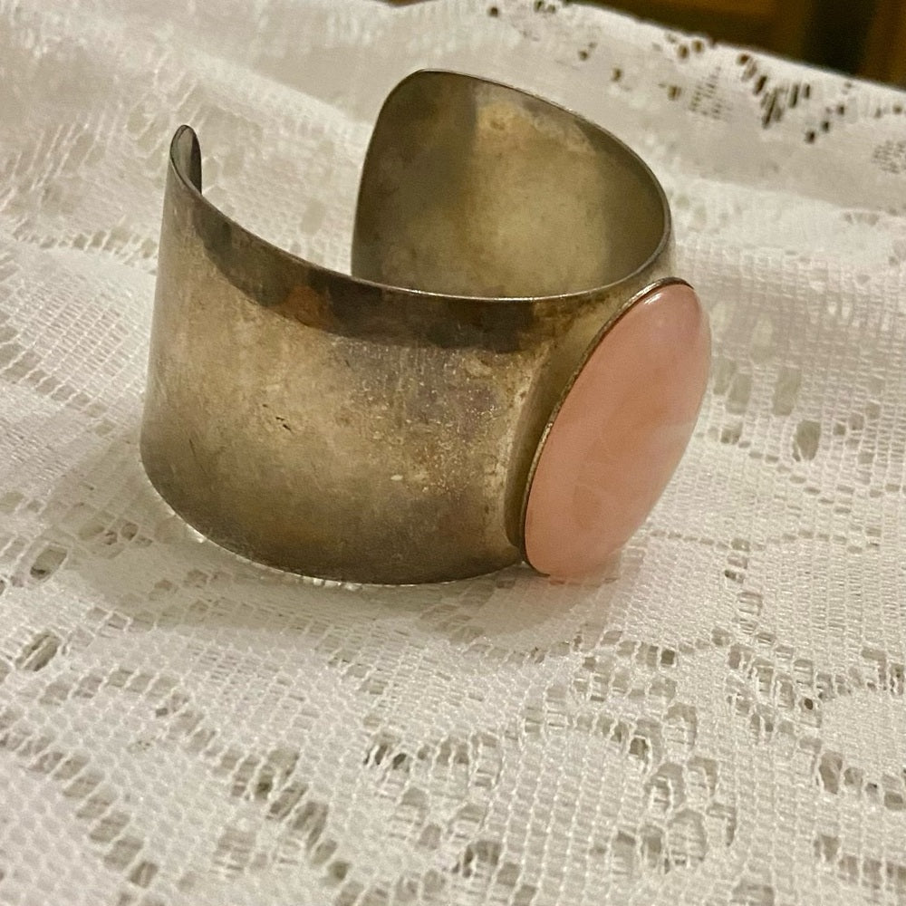 Lot of 2 Vintage, Chunky, Brown Enamel Hinged Bangle; Pink Agate Silver Bangle