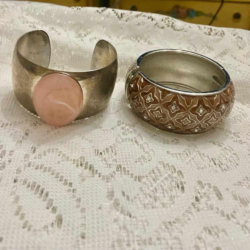 Lot of 2 Vintage, Chunky, Brown Enamel Hinged Bangle; Pink Agate Silver Bangle