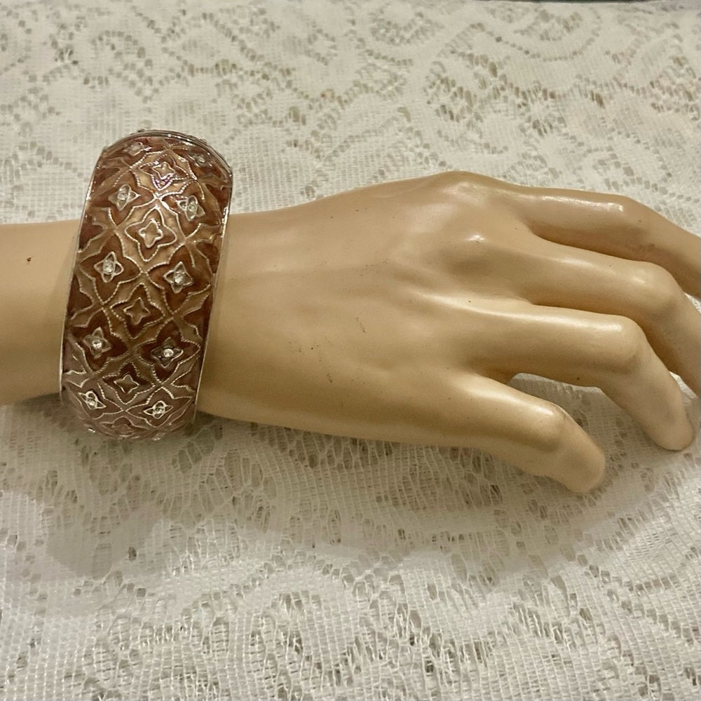 Lot of 2 Vintage, Chunky, Brown Enamel Hinged Bangle; Pink Agate Silver Bangle