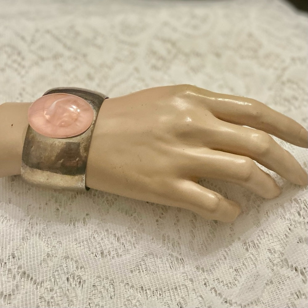 Lot of 2 Vintage, Chunky, Brown Enamel Hinged Bangle; Pink Agate Silver Bangle