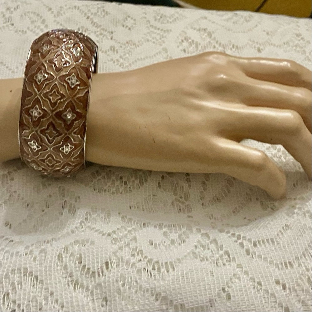 Lot of 2 Vintage, Chunky, Brown Enamel Hinged Bangle; Pink Agate Silver Bangle