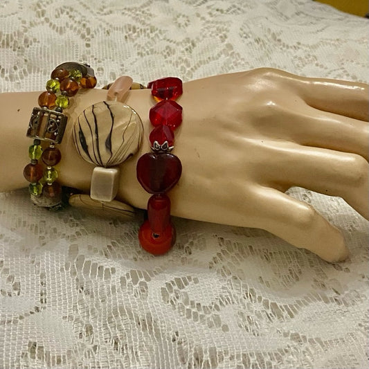 Lot of 3 Vintage, Glass Beaded Bracelets- Red, Beige, Brown-Green Cuff Bracelet