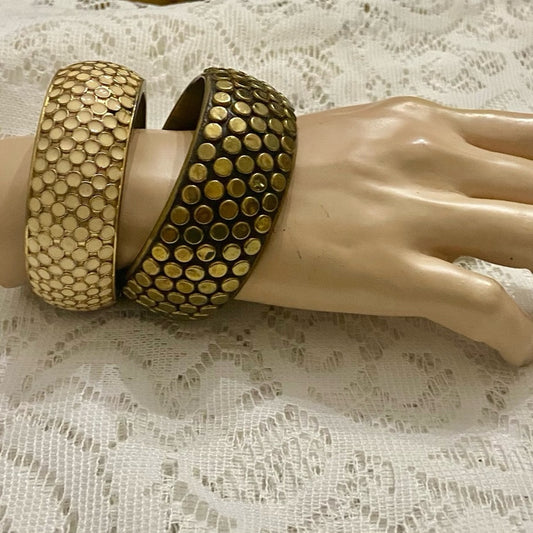Lot of 2 Vintage Chunky, Black and White Polka Dot Hinged Bangle Bracelets