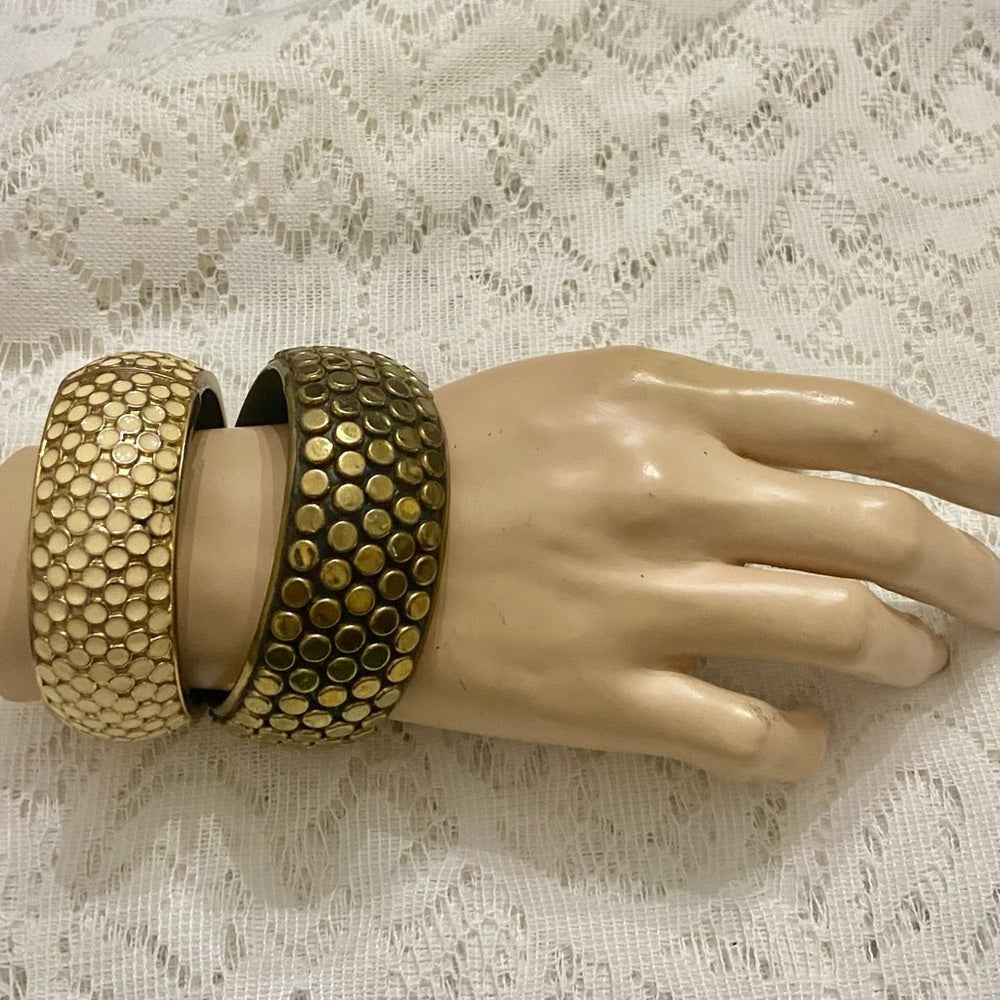Lot of 2 Vintage Chunky, Black and White Polka Dot Hinged Bangle Bracelets