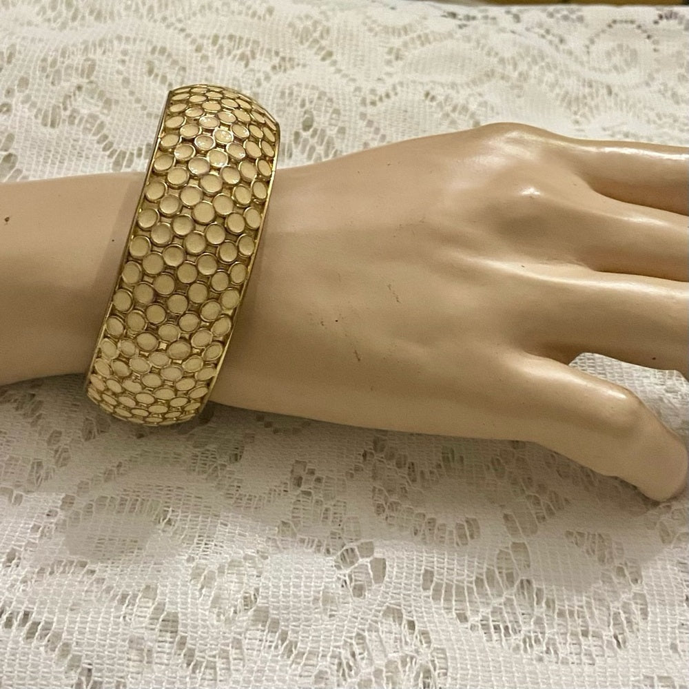 Lot of 2 Vintage Chunky, Black and White Polka Dot Hinged Bangle Bracelets