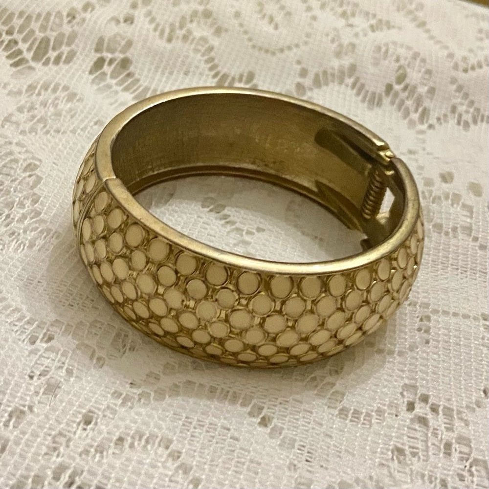 Lot of 2 Vintage Chunky, Black and White Polka Dot Hinged Bangle Bracelets