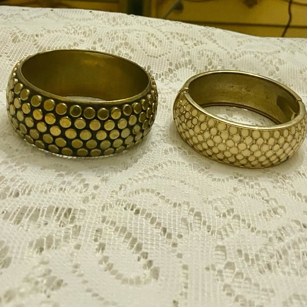Lot of 2 Vintage Chunky, Black and White Polka Dot Hinged Bangle Bracelets