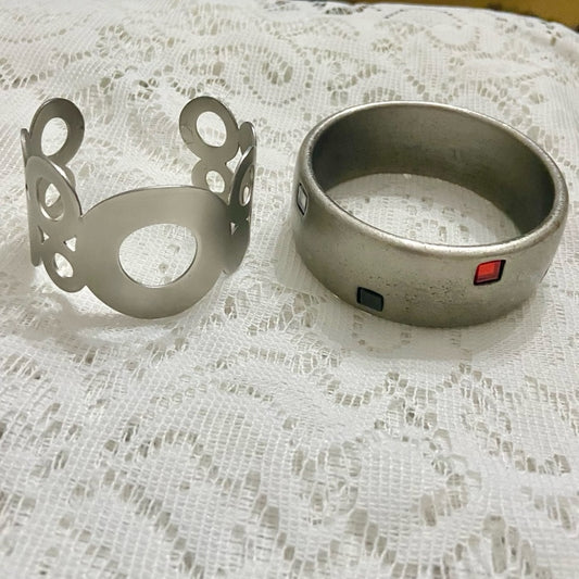 Lot of 2 Vintage Chunky Silver Tone with Rhinestones and Circular Cuff Bangle