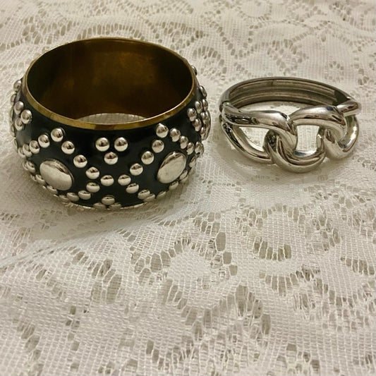 Lot of 2 Vintage Chunky Black and Gold Dotted Bangle and Silver Hinged Bracelet