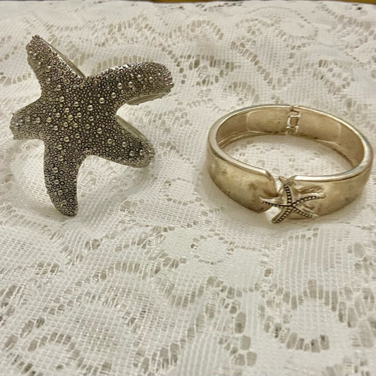 Lot of 2 Vintage Chunky Silver Tone Starfish Cuff and Hinged Bangles
