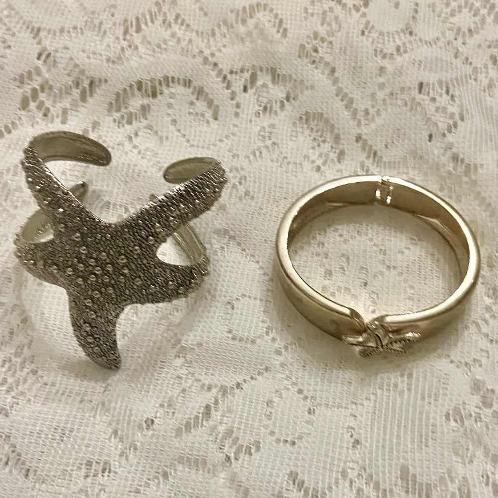Lot of 2 Vintage Chunky Silver Tone Starfish Cuff and Hinged Bangles