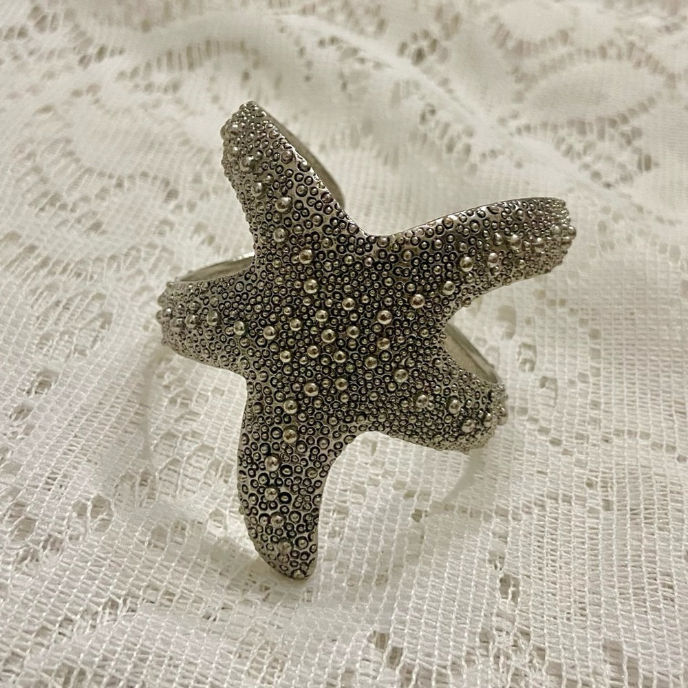 Lot of 2 Vintage Chunky Silver Tone Starfish Cuff and Hinged Bangles