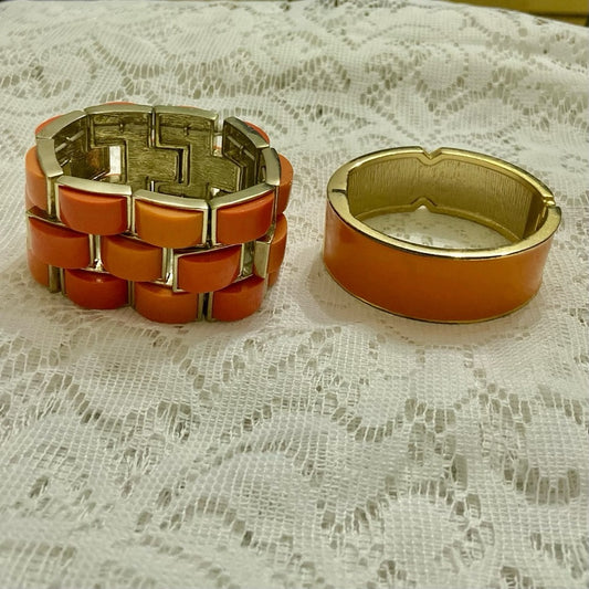Lot of 2 Vintage Chunky, Orange Stretchable Link and Orange Enamel Hinged Bangle