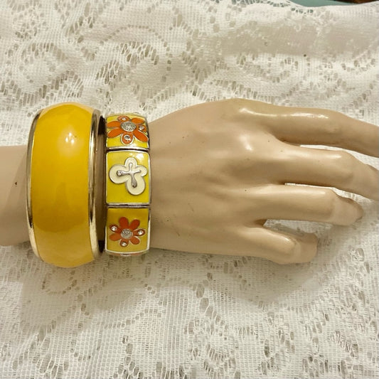 Lot of 2 Vintage Chunky, Orange -Yellow Stretchable Bracelet and Yellow Bangle