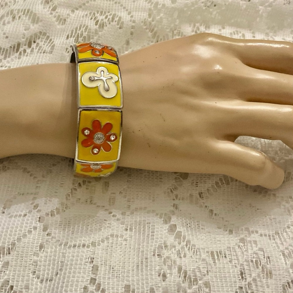 Lot of 2 Vintage Chunky, Orange -Yellow Stretchable Bracelet and Yellow Bangle