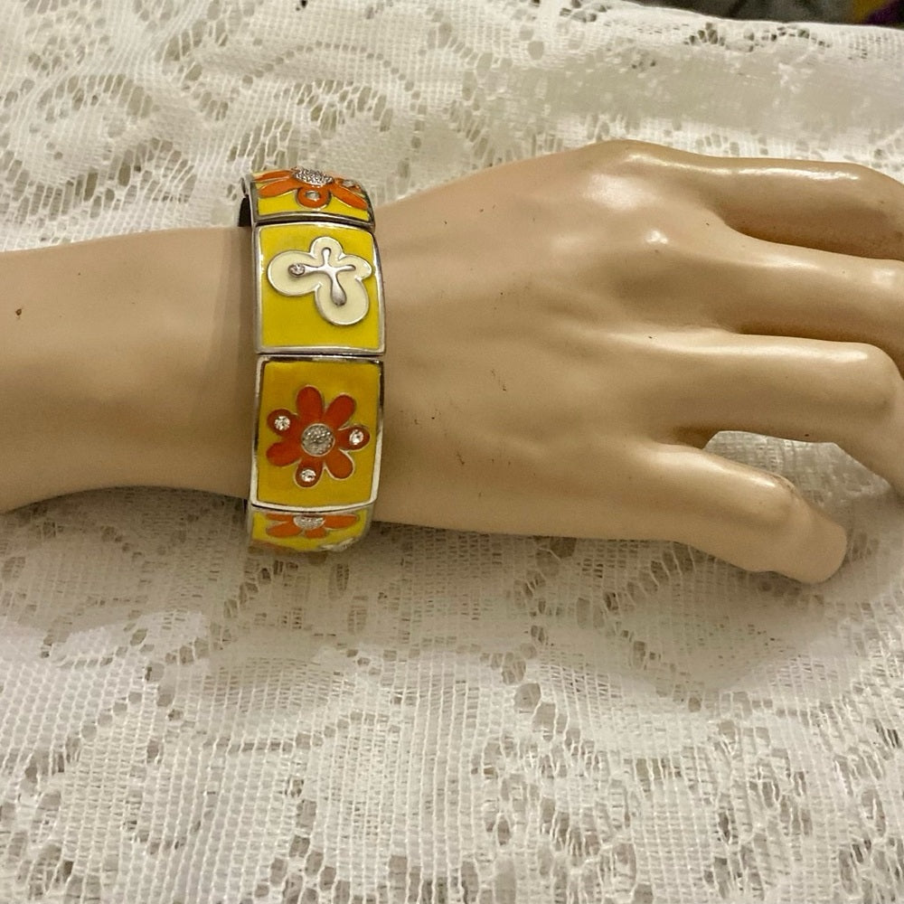 Lot of 2 Vintage Chunky, Orange -Yellow Stretchable Bracelet and Yellow Bangle