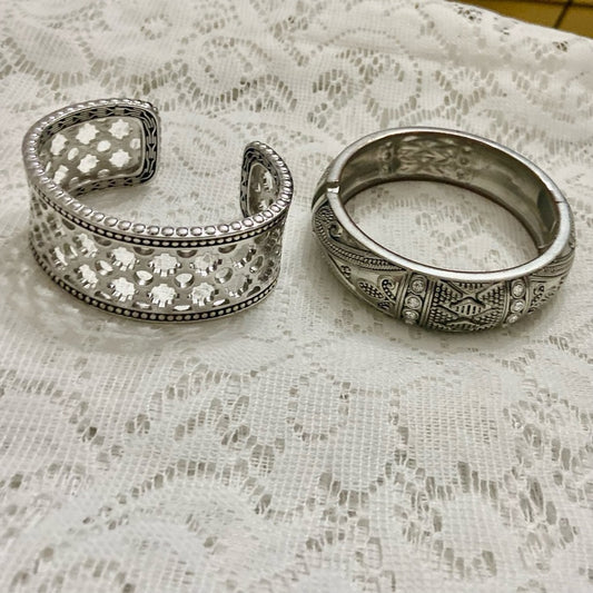 Lot of 2 Vintage, Chunky, Silver Tone Pierced Cuff
n Hinged Rhinestone Bangle