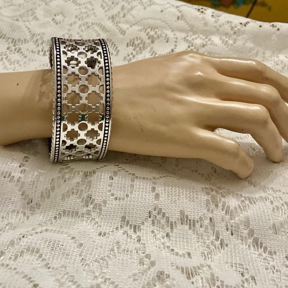 Lot of 2 Vintage, Chunky, Silver Tone Pierced Cuff
n Hinged Rhinestone Bangle