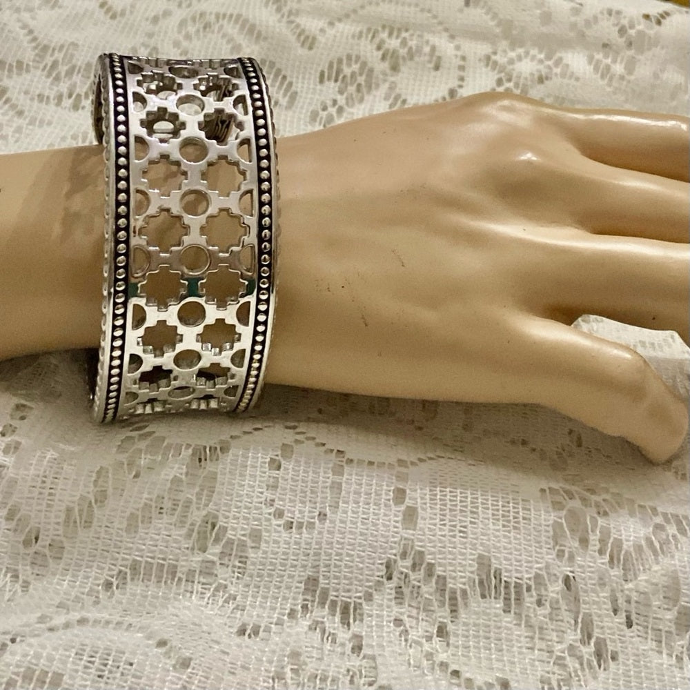 Lot of 2 Vintage, Chunky, Silver Tone Pierced Cuff
n Hinged Rhinestone Bangle