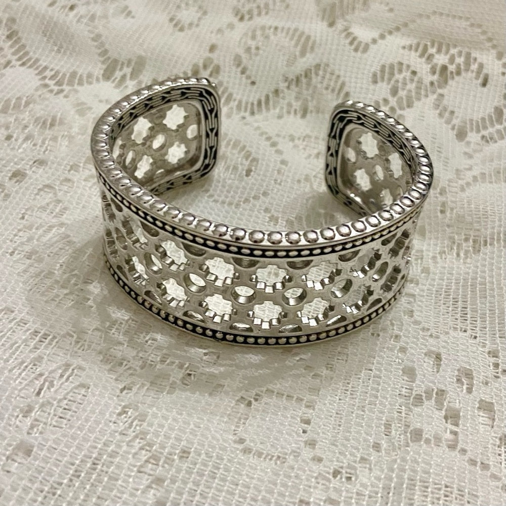 Lot of 2 Vintage, Chunky, Silver Tone Pierced Cuff
n Hinged Rhinestone Bangle