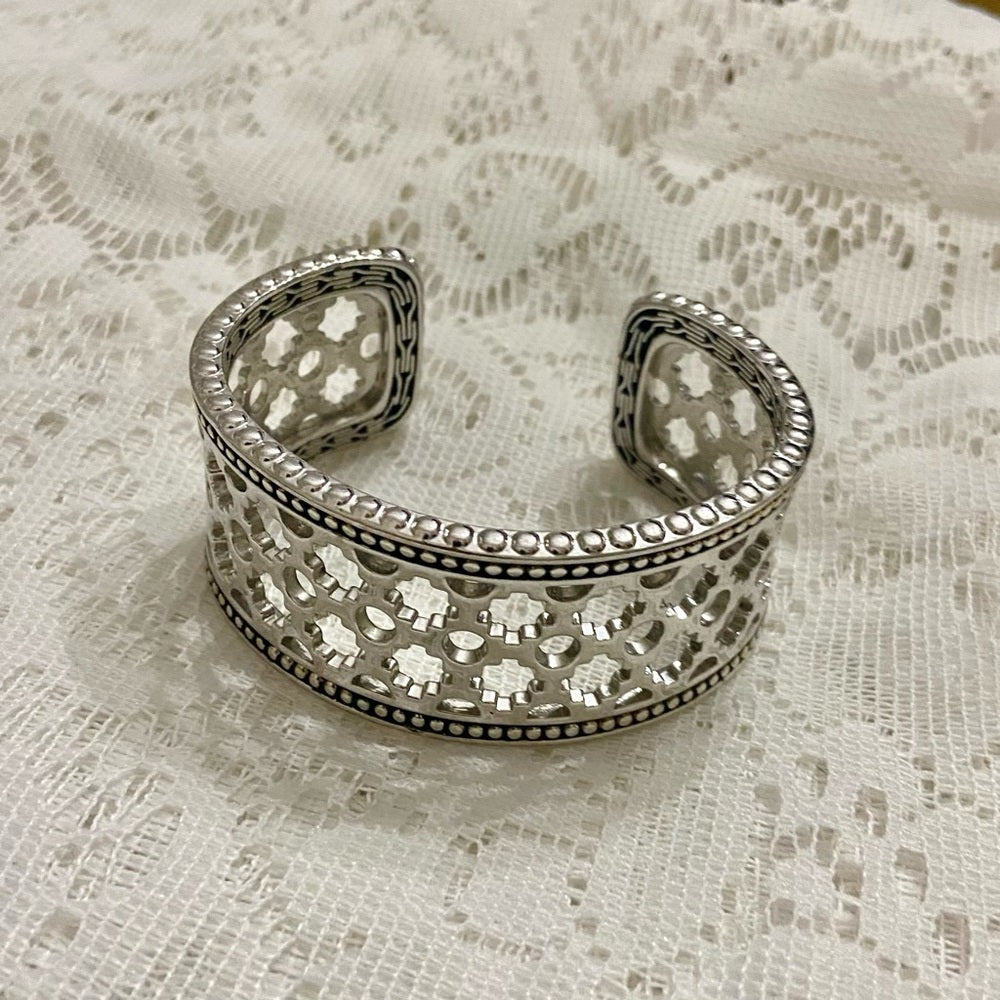 Lot of 2 Vintage, Chunky, Silver Tone Pierced Cuff
n Hinged Rhinestone Bangle