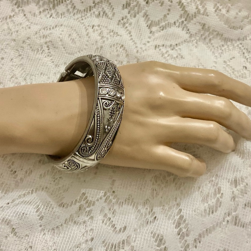 Lot of 2 Vintage, Chunky, Silver Tone Pierced Cuff
n Hinged Rhinestone Bangle