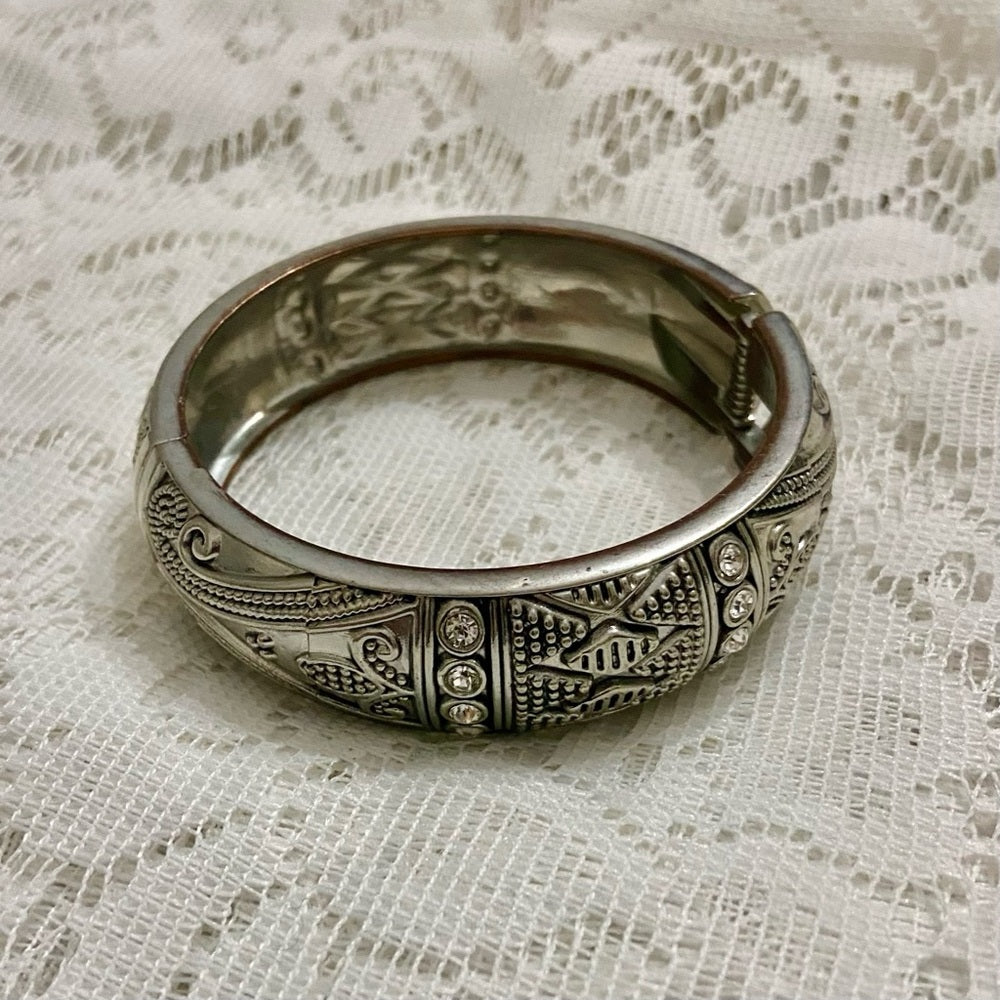 Lot of 2 Vintage, Chunky, Silver Tone Pierced Cuff
n Hinged Rhinestone Bangle